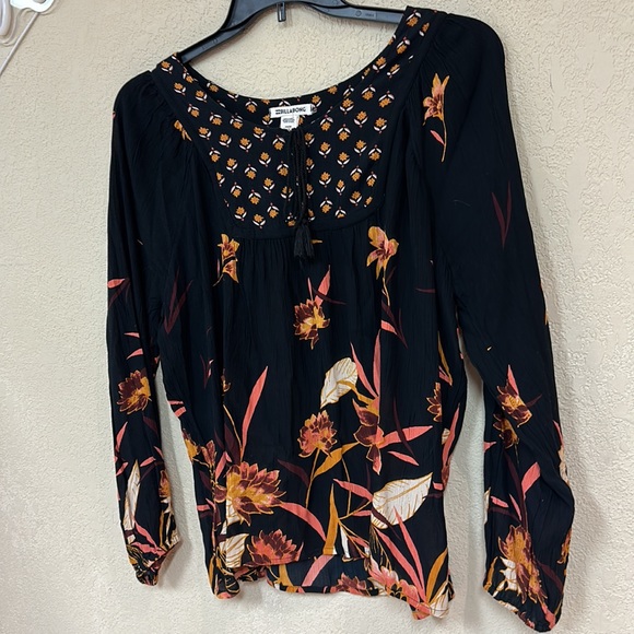 Billabong Ella Bella Black & Orange Floral Fall Peasant Top Small - Picture 4 of 6